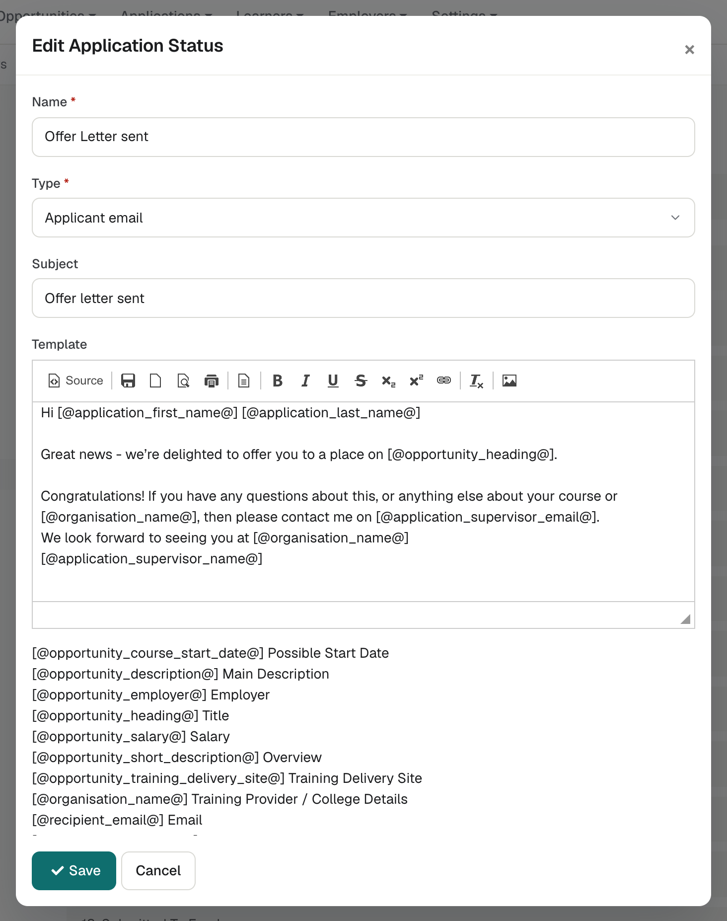 The Edit Application Status window with Name, Type set to Applicant email, Subject and Template, and merge tags listed below.