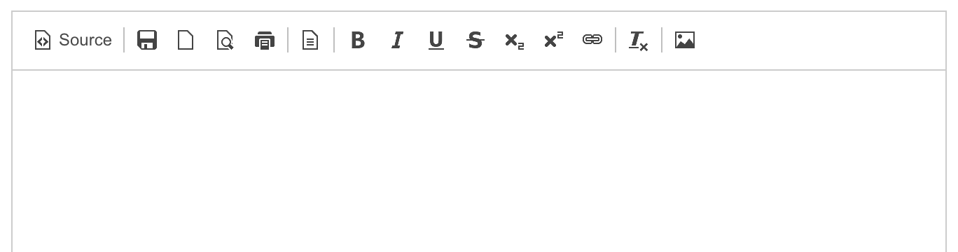The email editor toolbar: Source, Save, New Page, Preview, Print and Templates, then Bold, Italic, Underline, Strikethrough, Subscript, Superscript, Link, Remove Format and Image.