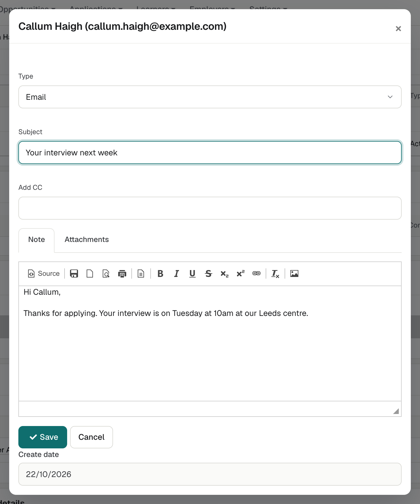 The activity window with Type set to Email, a Subject, the Note editor holding the message, and the Add CC box.