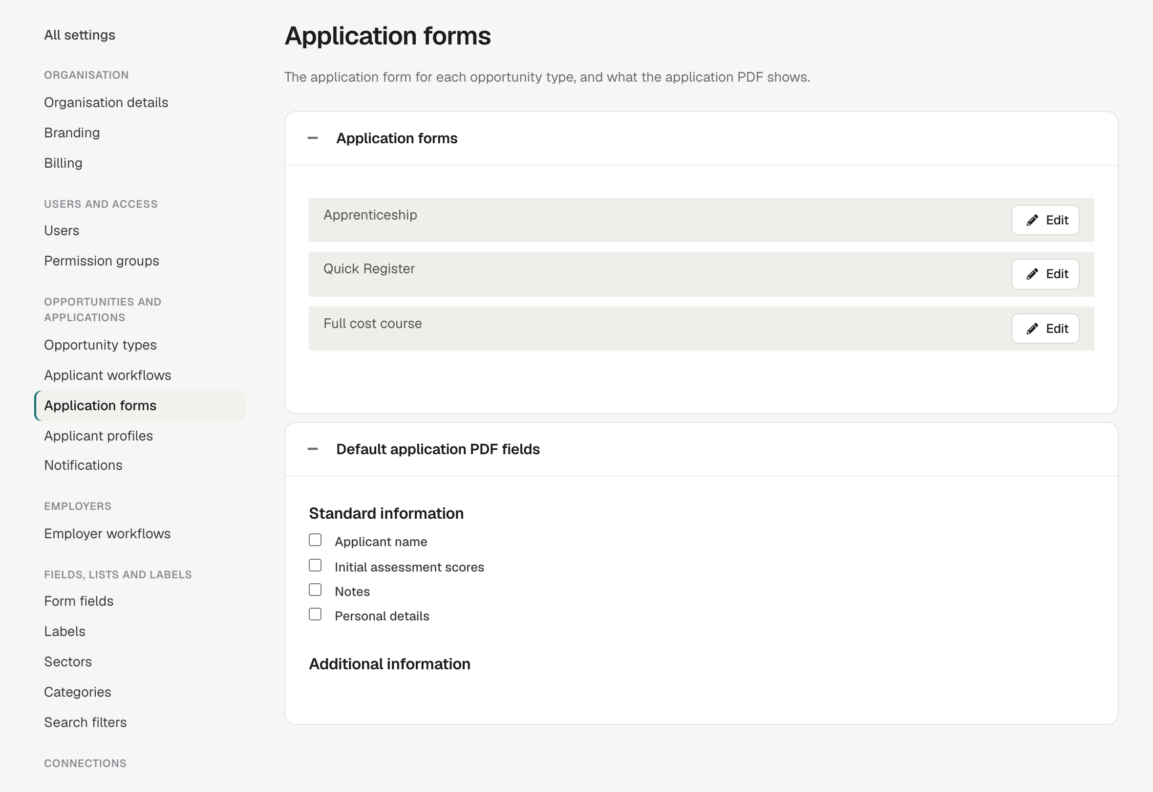 Settings → Application forms, listing Apprenticeship, Quick Register and Full cost course with Edit beside each, and the Default application PDF fields below.