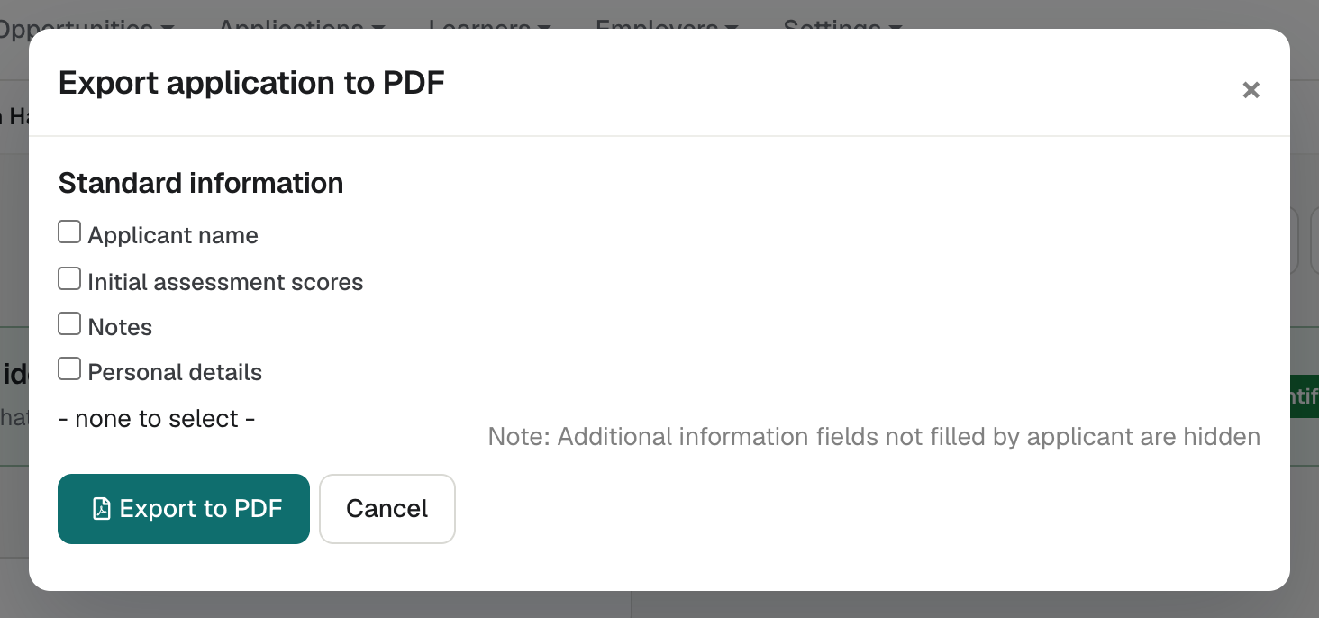 The Export application to PDF window with Standard information and Additional information tick boxes and the Export to PDF button.