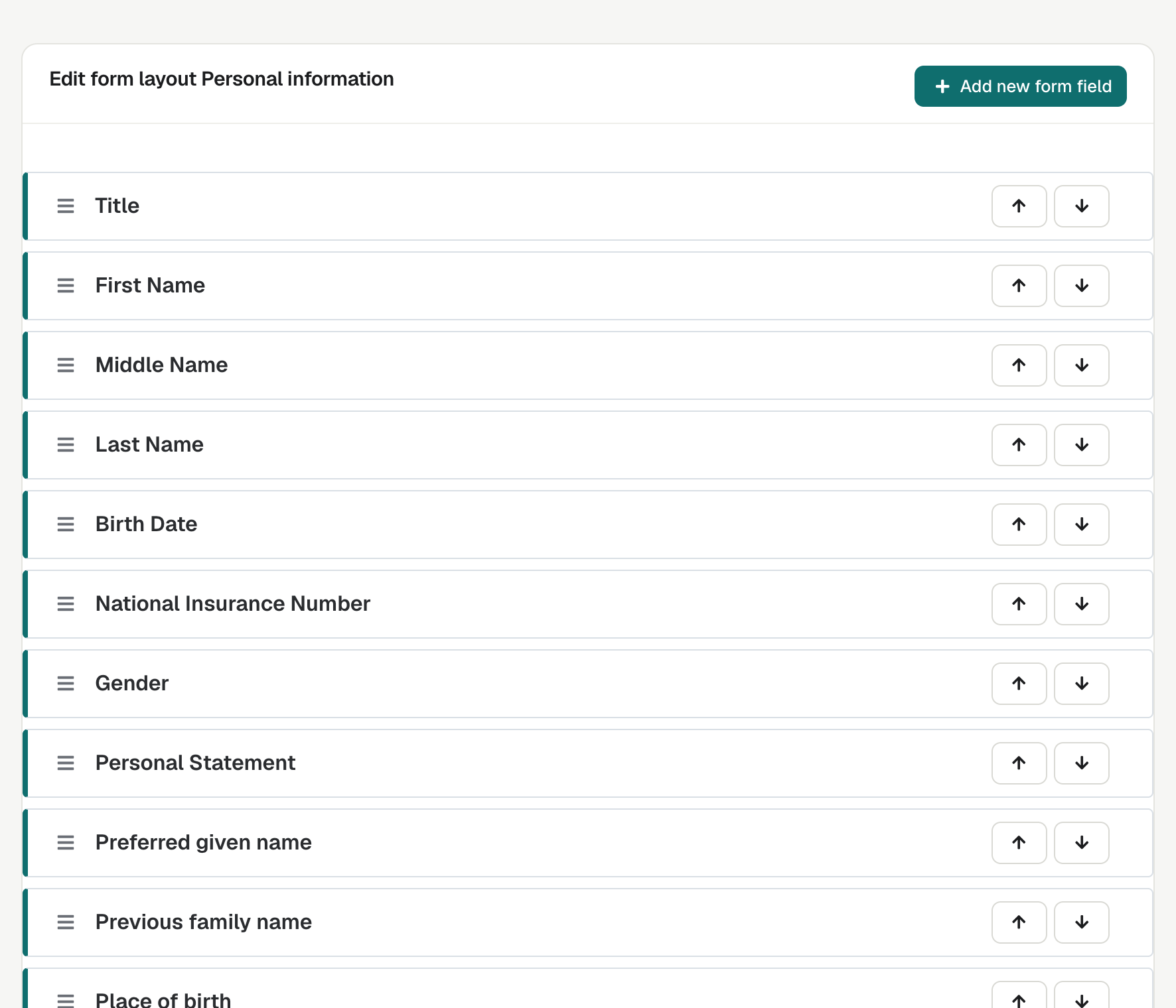 The Edit form layout page for Personal information, listing fields such as Title, First Name and Last Name, each with a drag handle and up and down arrows.