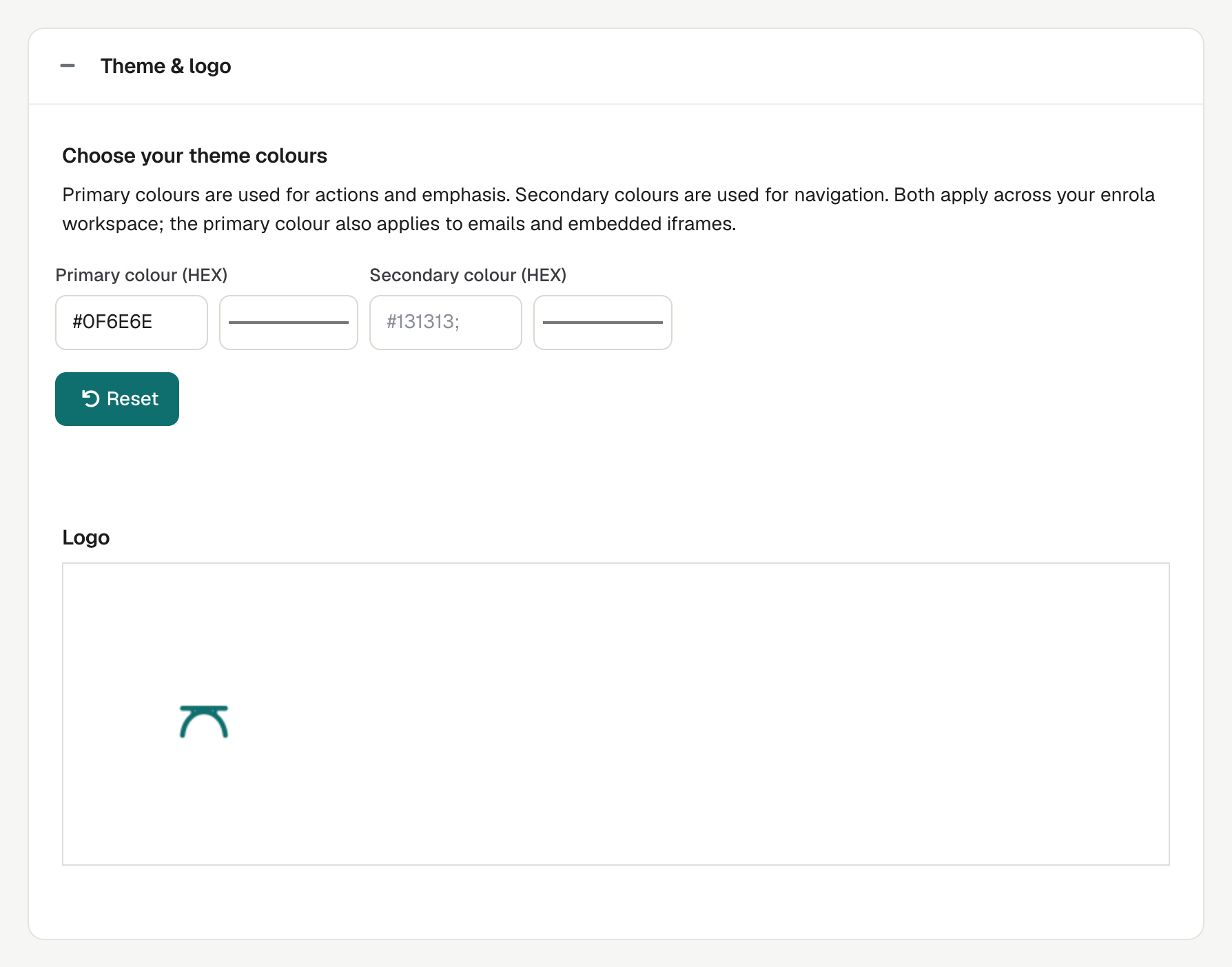 Settings → Branding, with the primary and secondary colour boxes, colour pickers, Reset and the logo.