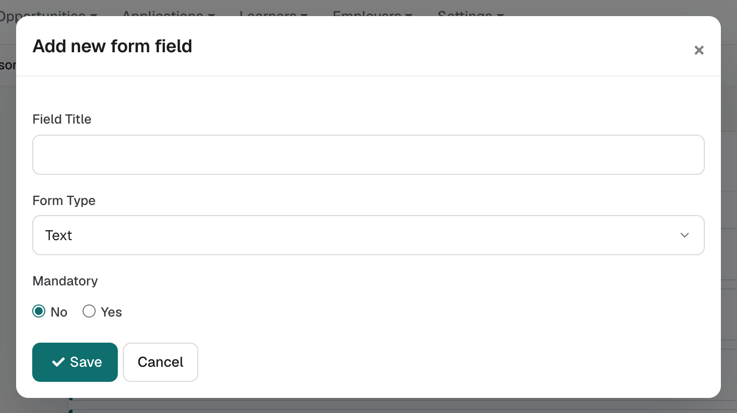 The Add new form field window with Field Title, Form Type and Mandatory.