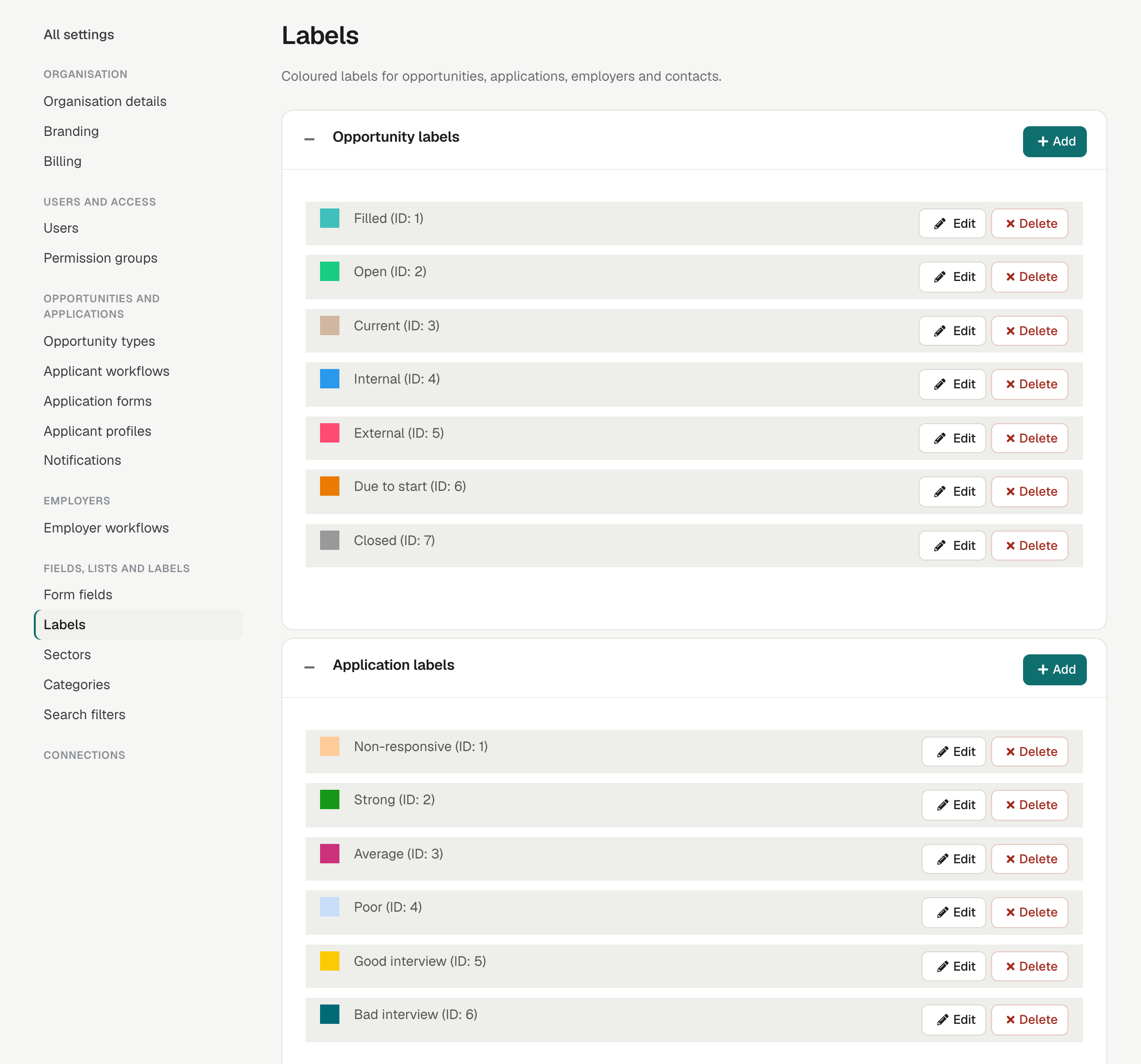 Settings → Labels, with Opportunity labels and Application labels, each label with its colour, name, ID, and Edit and Delete buttons.