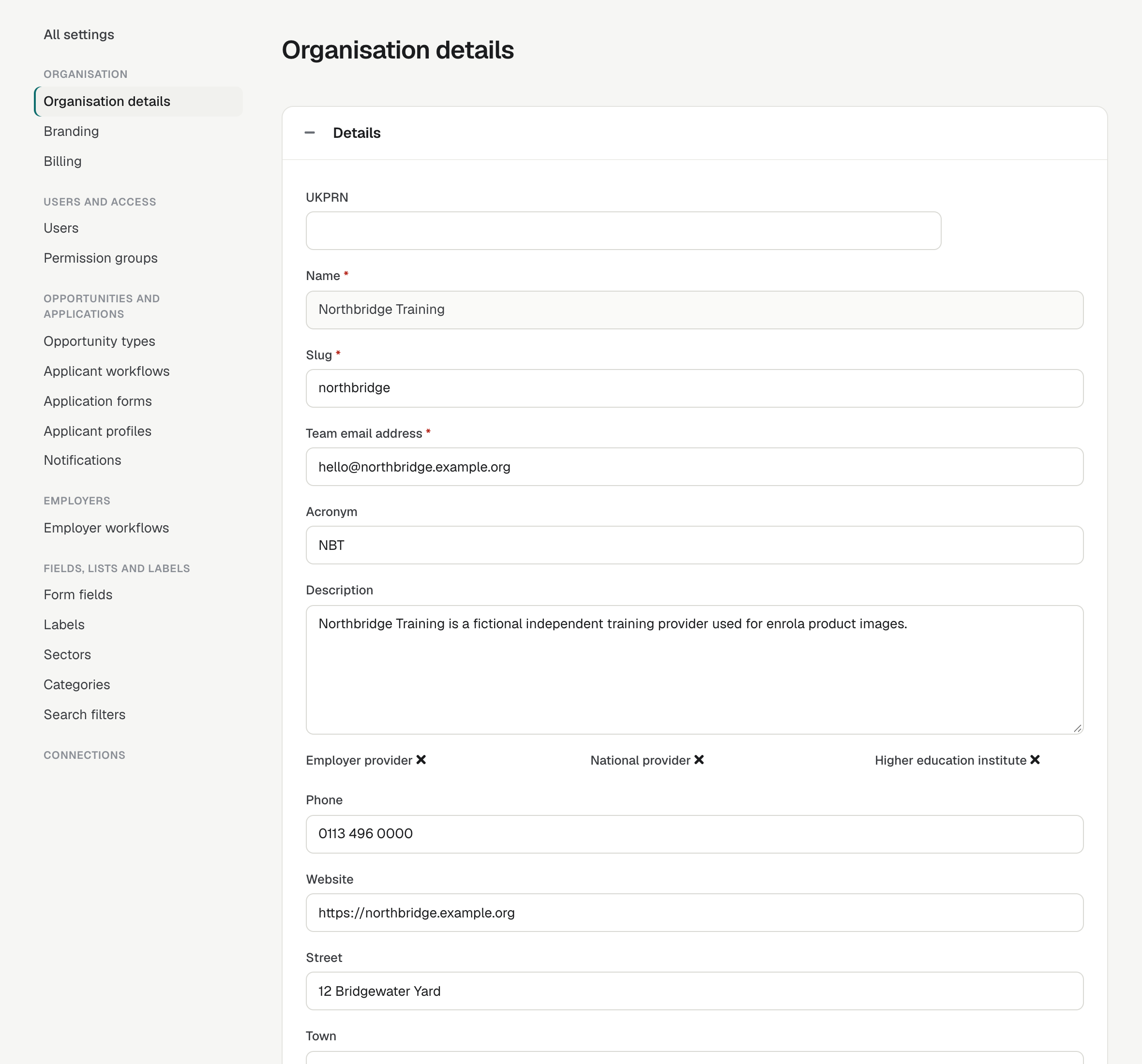 Settings → Organisation details, showing the Details panel with UKPRN, Name, Slug and Team email address.