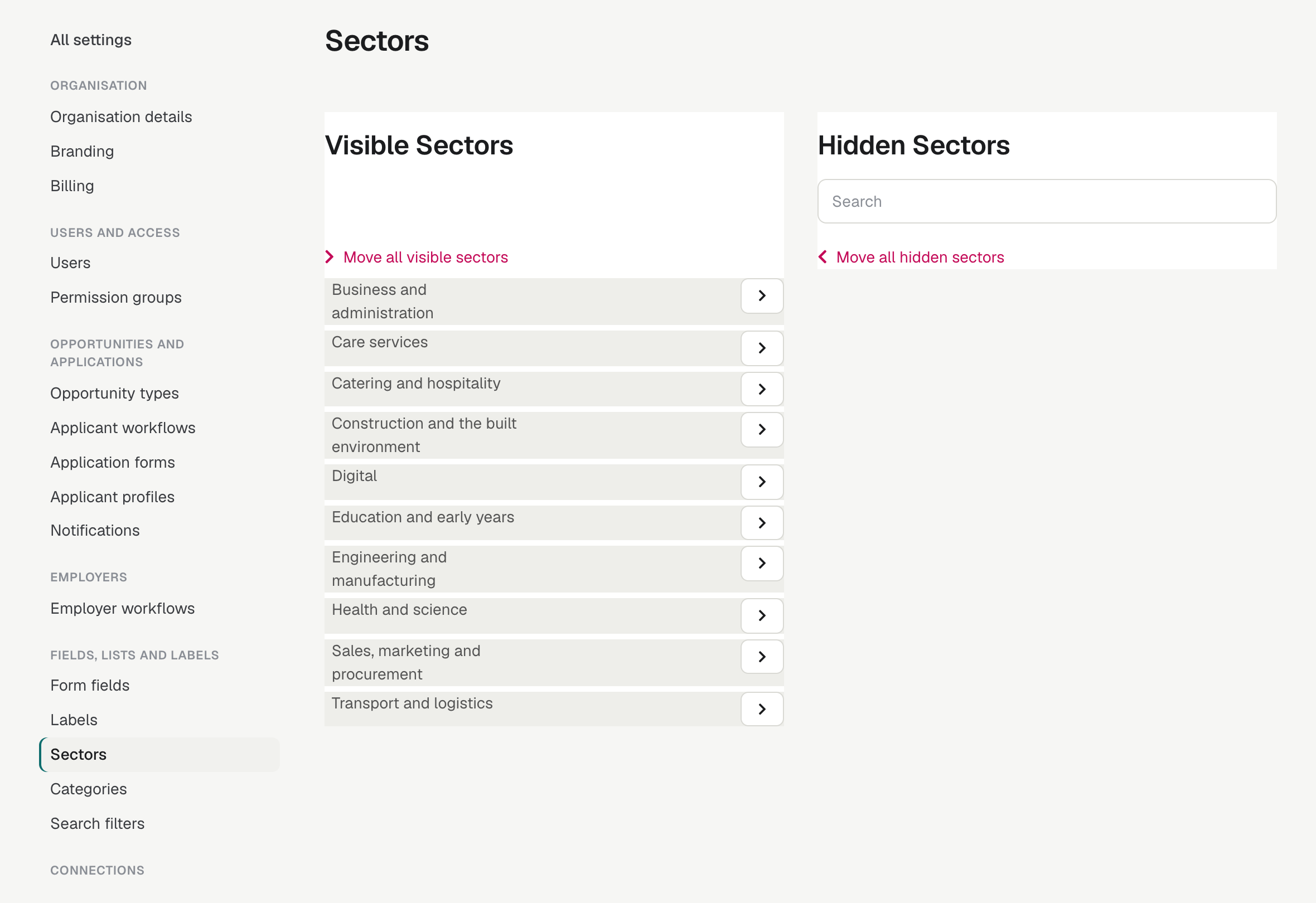 Settings → Sectors with Visible Sectors on the left, each with an arrow to hide it, and Hidden Sectors on the right with a search box.