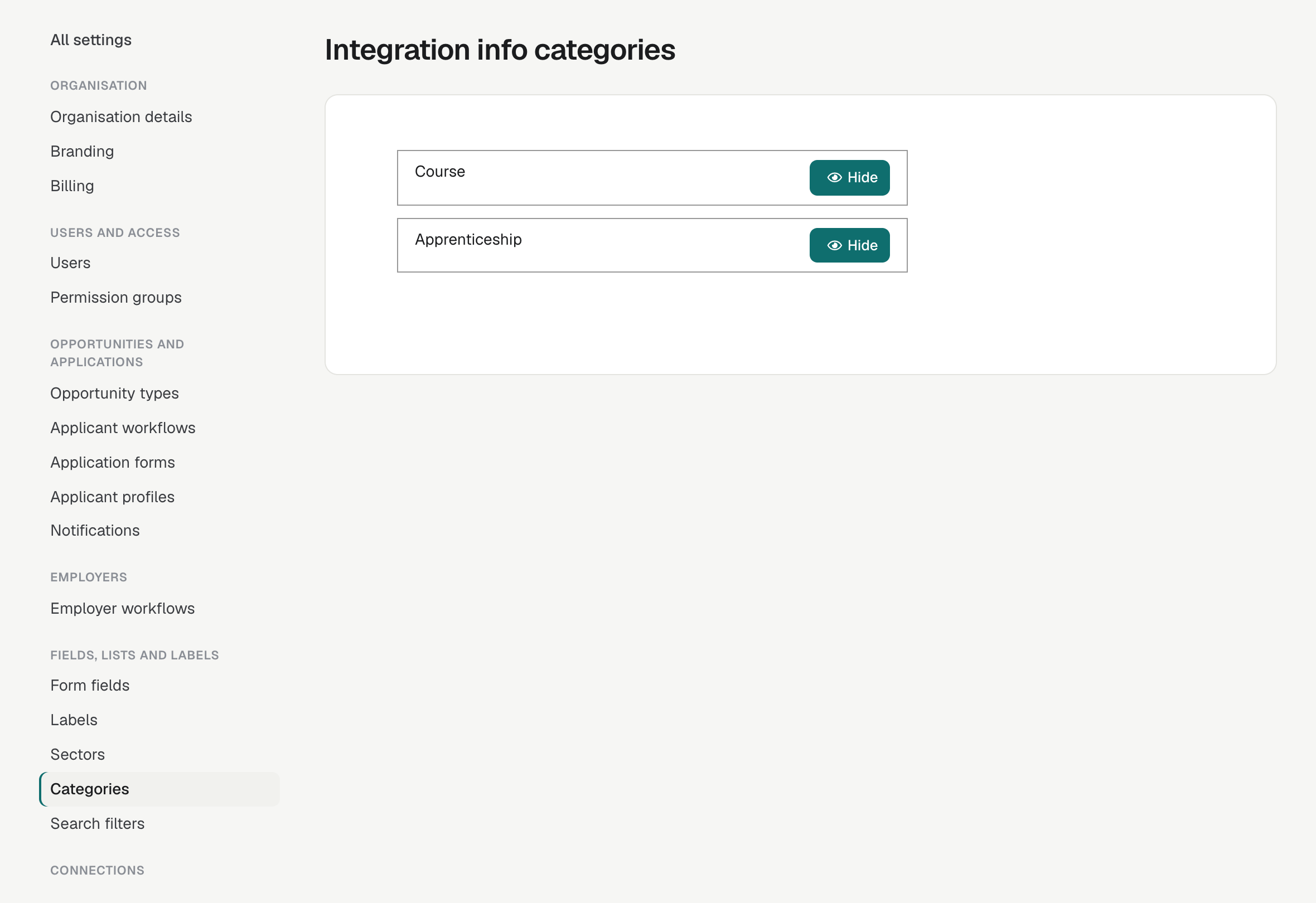Settings → Categories, titled Integration info categories, listing Course and Apprenticeship, each with a Hide button.