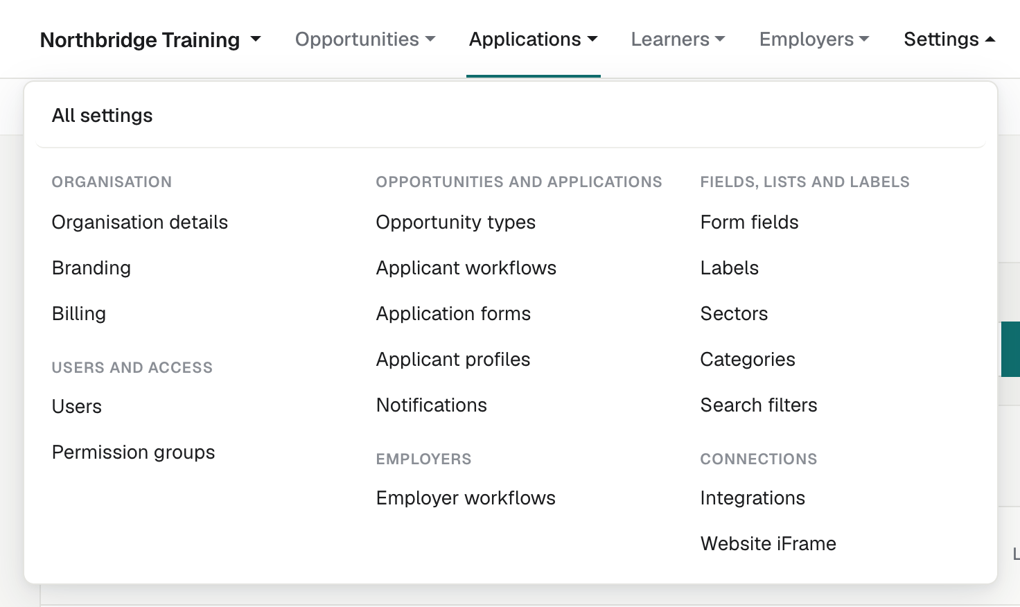 The Settings menu open from the header, with All settings at the top and the pages under their six headings.