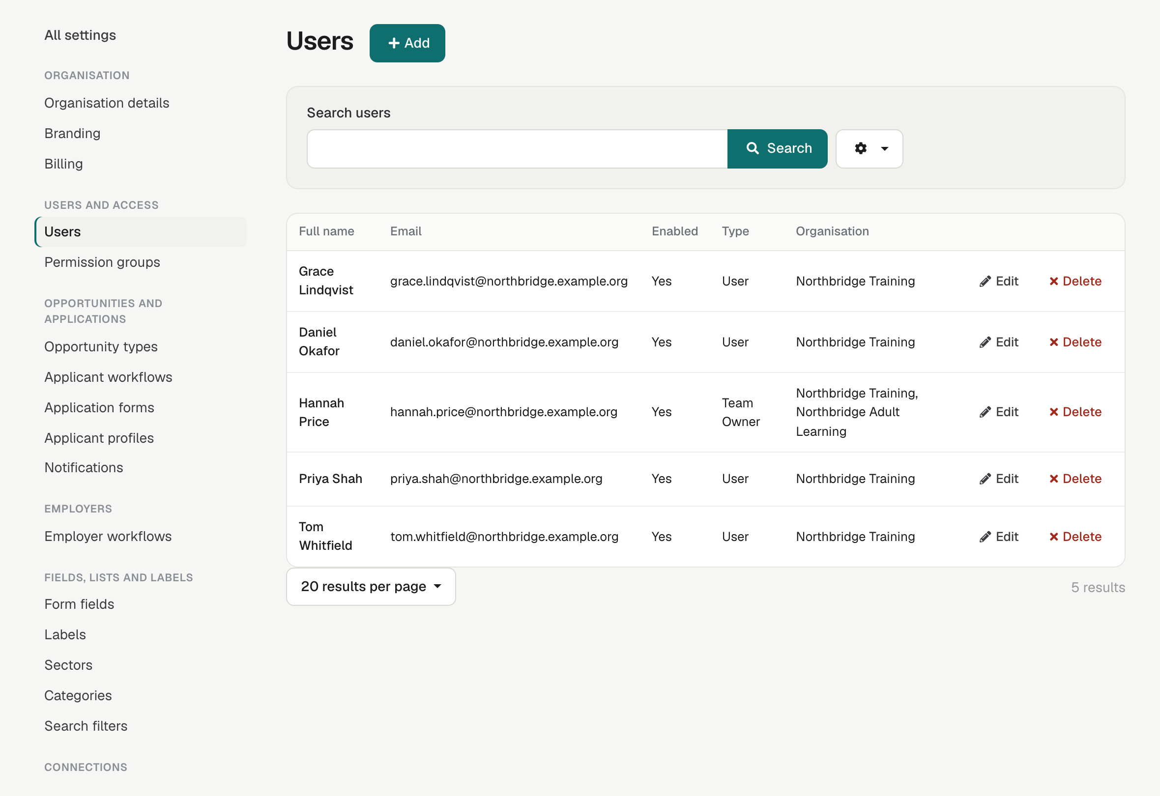 Settings → Users, listing each person with their email address, whether they are enabled, their role and their organisation.