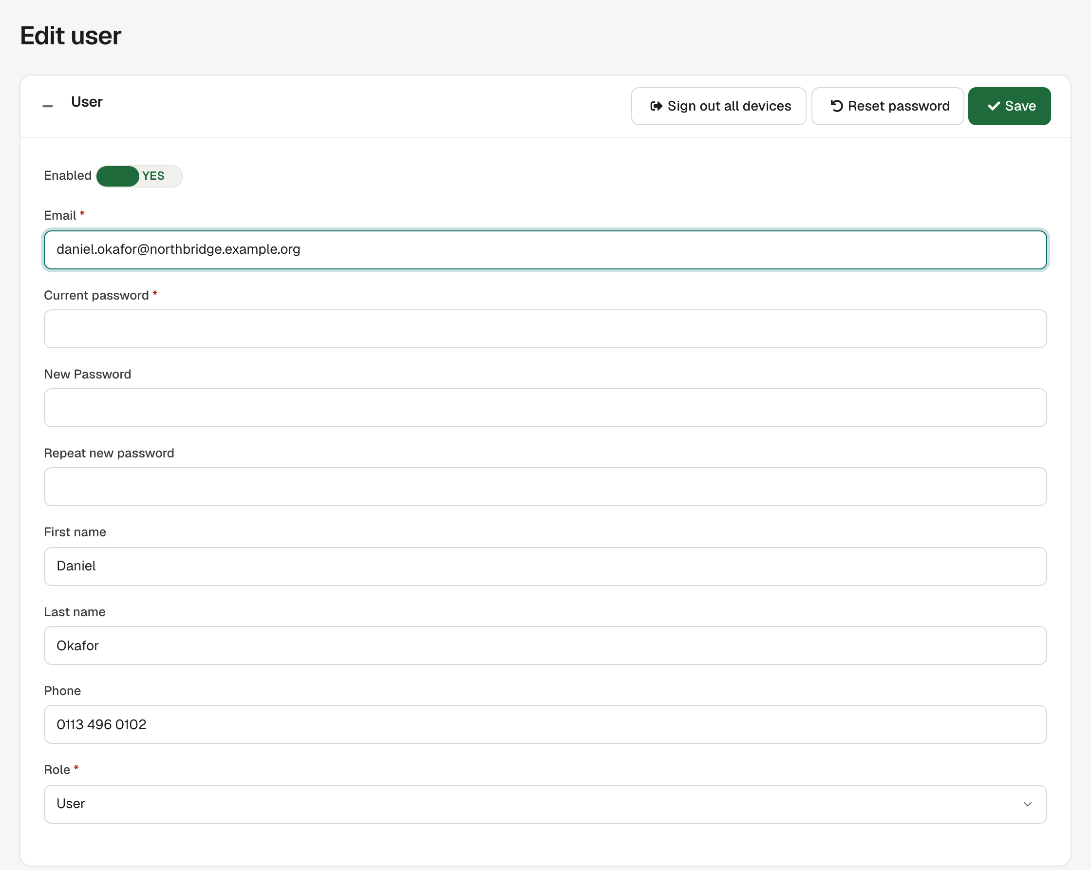 Editing a user: Sign out all devices, Reset password and Save at the top, then Enabled, Email, Current password, New Password, names, Phone and Role.