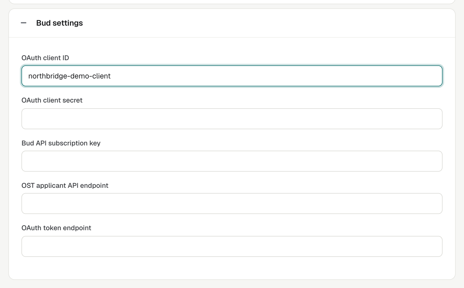 The Bud settings panel in Settings → Integrations, with the OAuth client ID, client secret, subscription key and the two endpoint addresses.