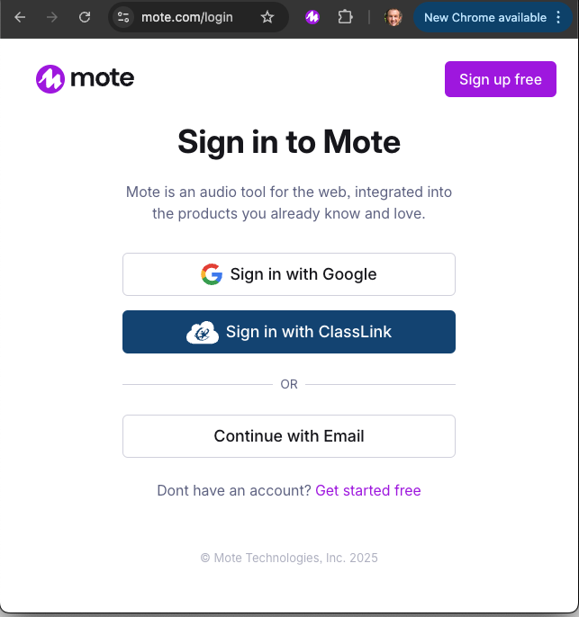 Mote log in options, including ClassLink