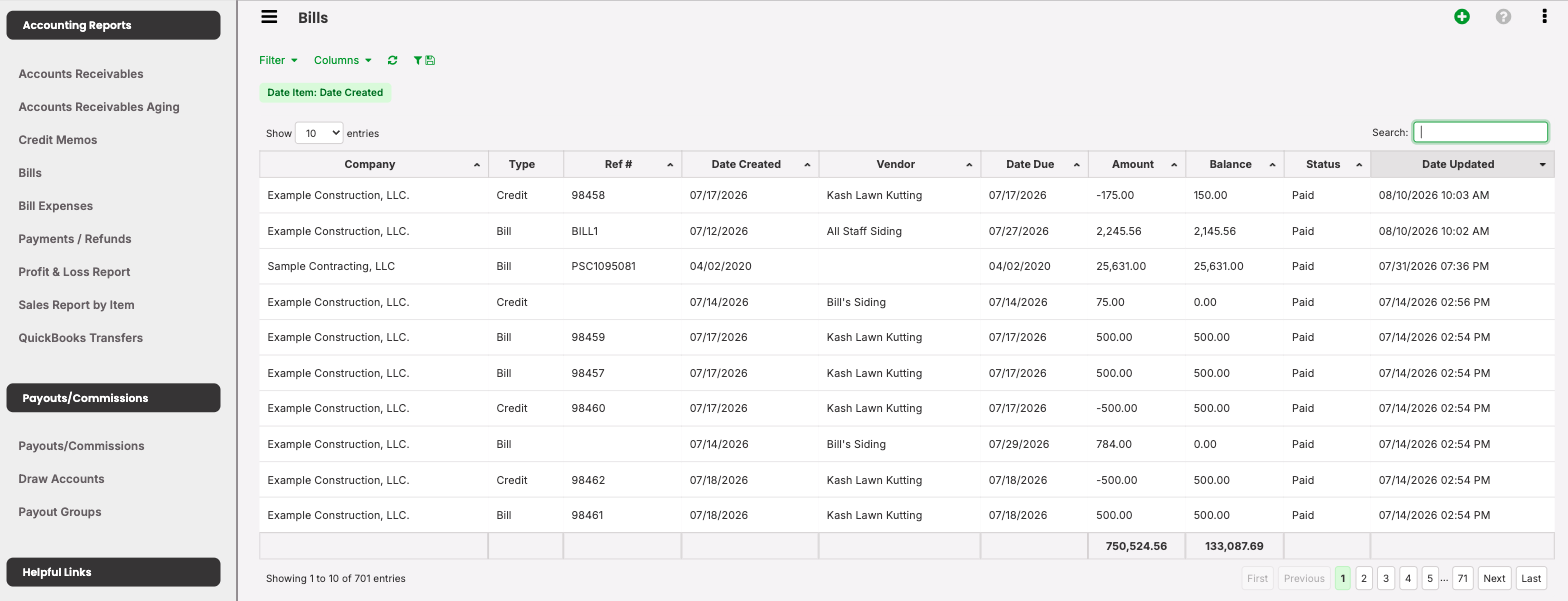 The Bills report on the Accounting dashboard, with the green plus icon to add a bill