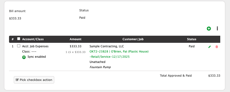 The expense lines table on a bill: Account/Class, Amount, Customer/Job and Status, with Total Approved & Paid