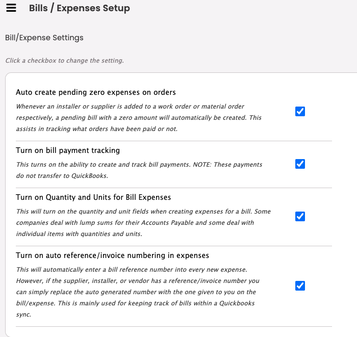 Bills / Expenses Setup in Company Settings: Auto create pending zero expenses on orders and Turn on bill payment tracking