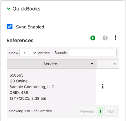 The QuickBooks card on a bill: Sync Enabled checkbox and the References table showing the QB Online reference