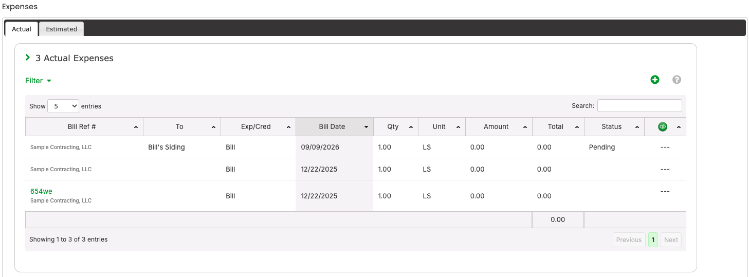 The Expenses section on a contract's Job Costs tab listing the project's actual bills and expenses