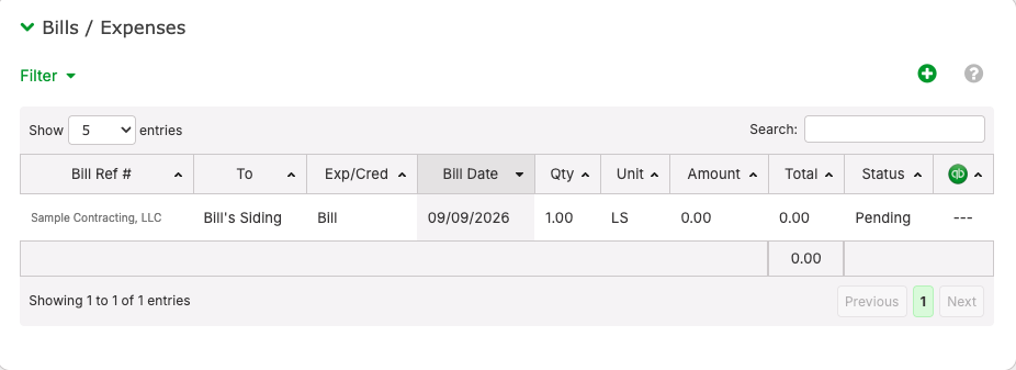 A work order's Bills / Expenses section showing the auto-created Pending, zero-amount bill for the assigned installer