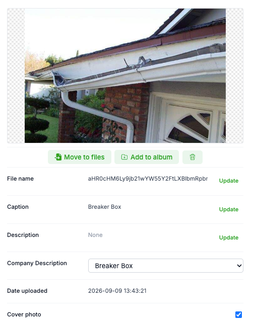The photo details panel: File name, Caption, Description, the Company Description dropdown, Date uploaded and the Cover photo checkbox