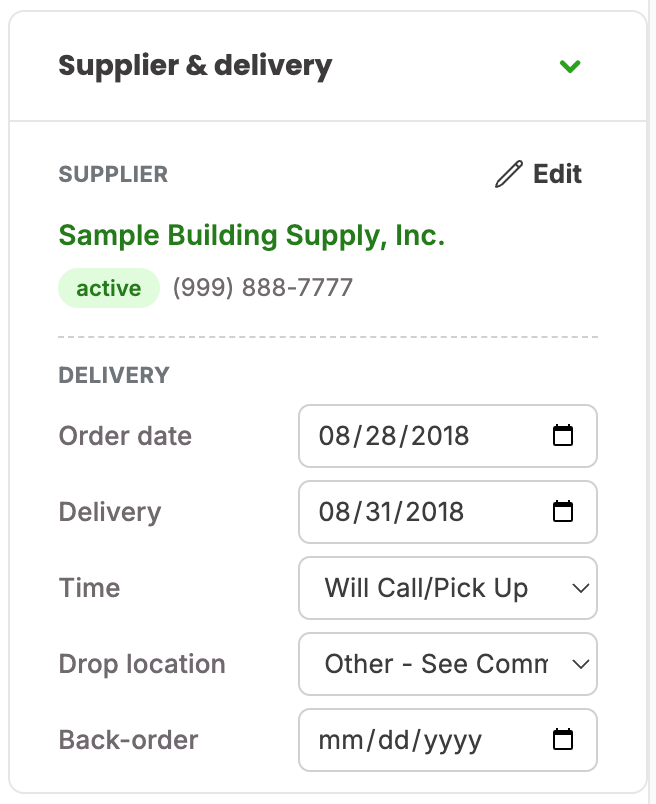 Supplier & delivery card