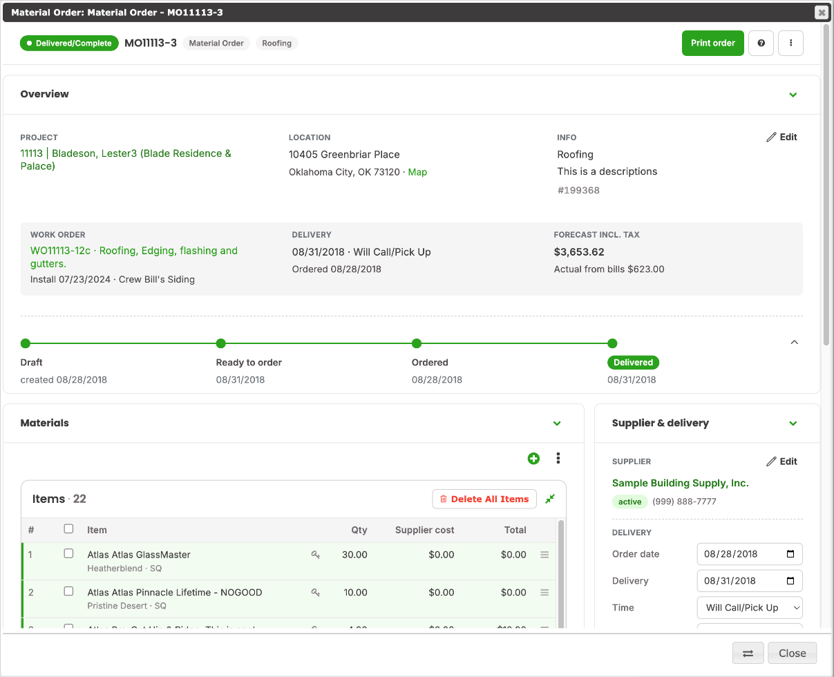 Material Order dialog: header bar, Overview card and status path