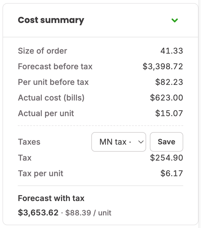Material order Cost summary card