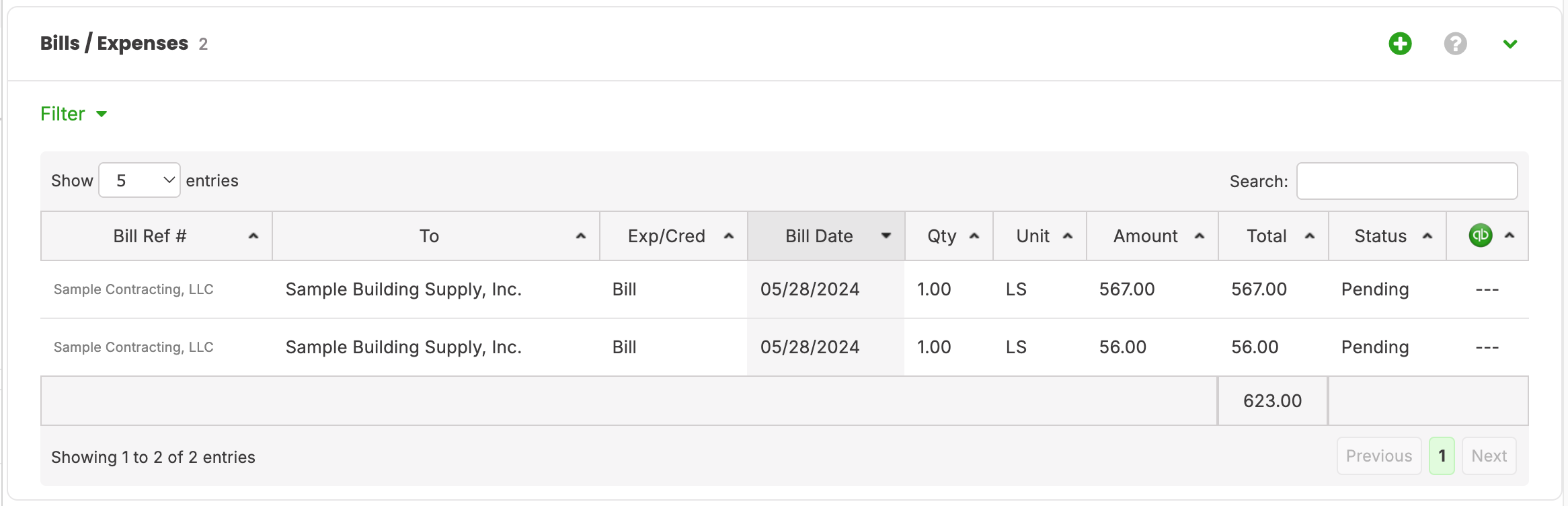 Bills / Expenses card