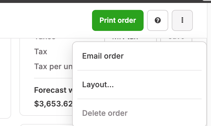 Material order header menu