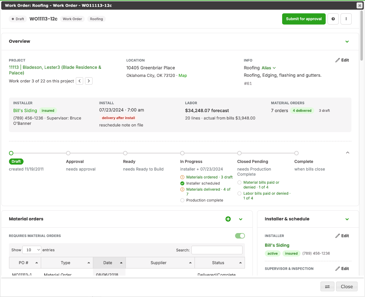 Work Order dialog: header bar, Overview card and status path