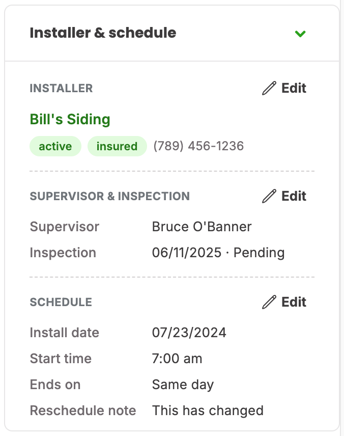 Installer & schedule card