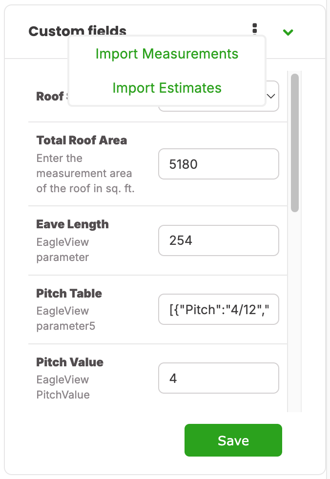 Custom fields card with the Import Measurements and Import Estimates menu