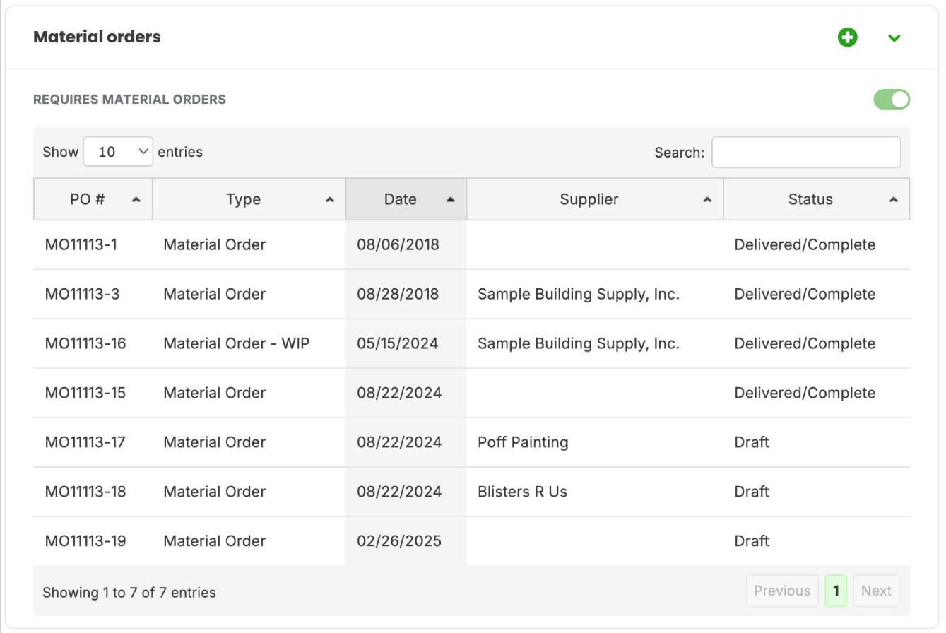 Material orders card