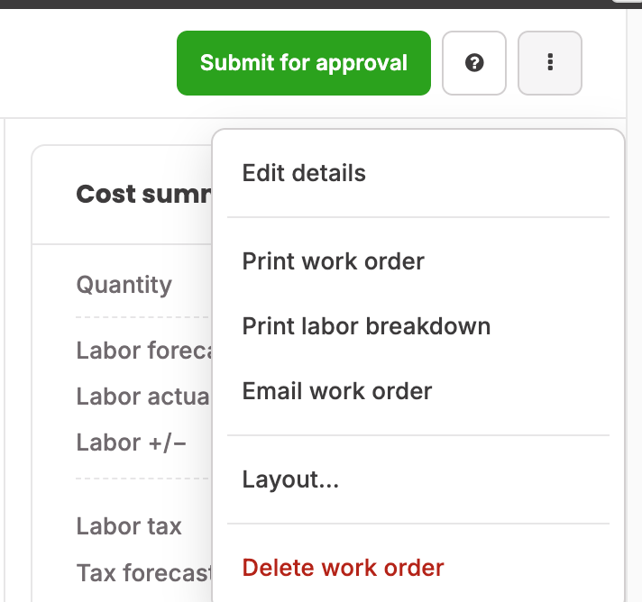 Work order header menu