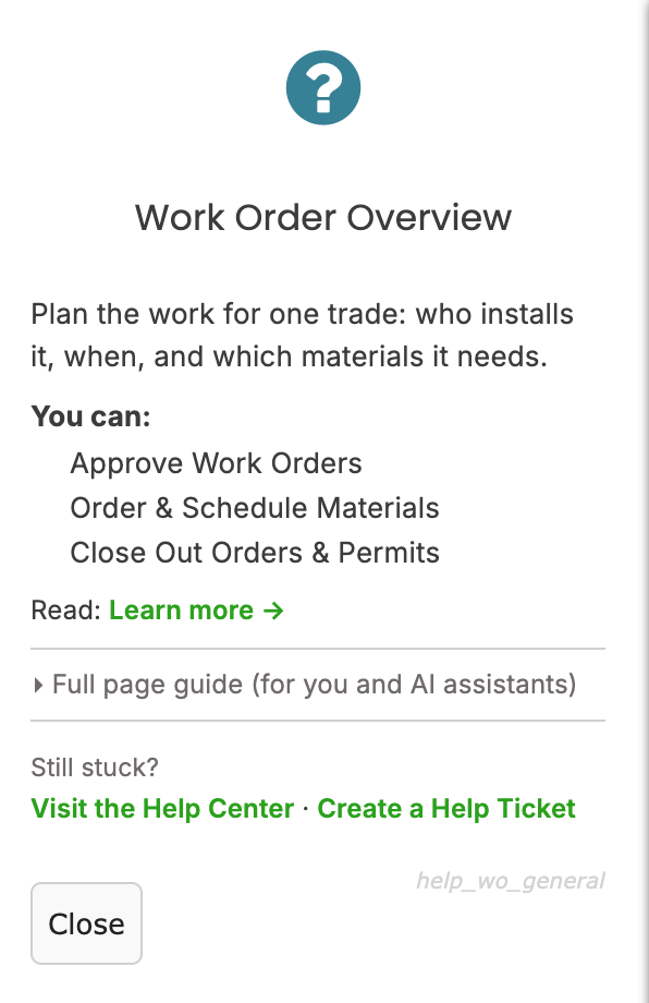 Work order help drawer