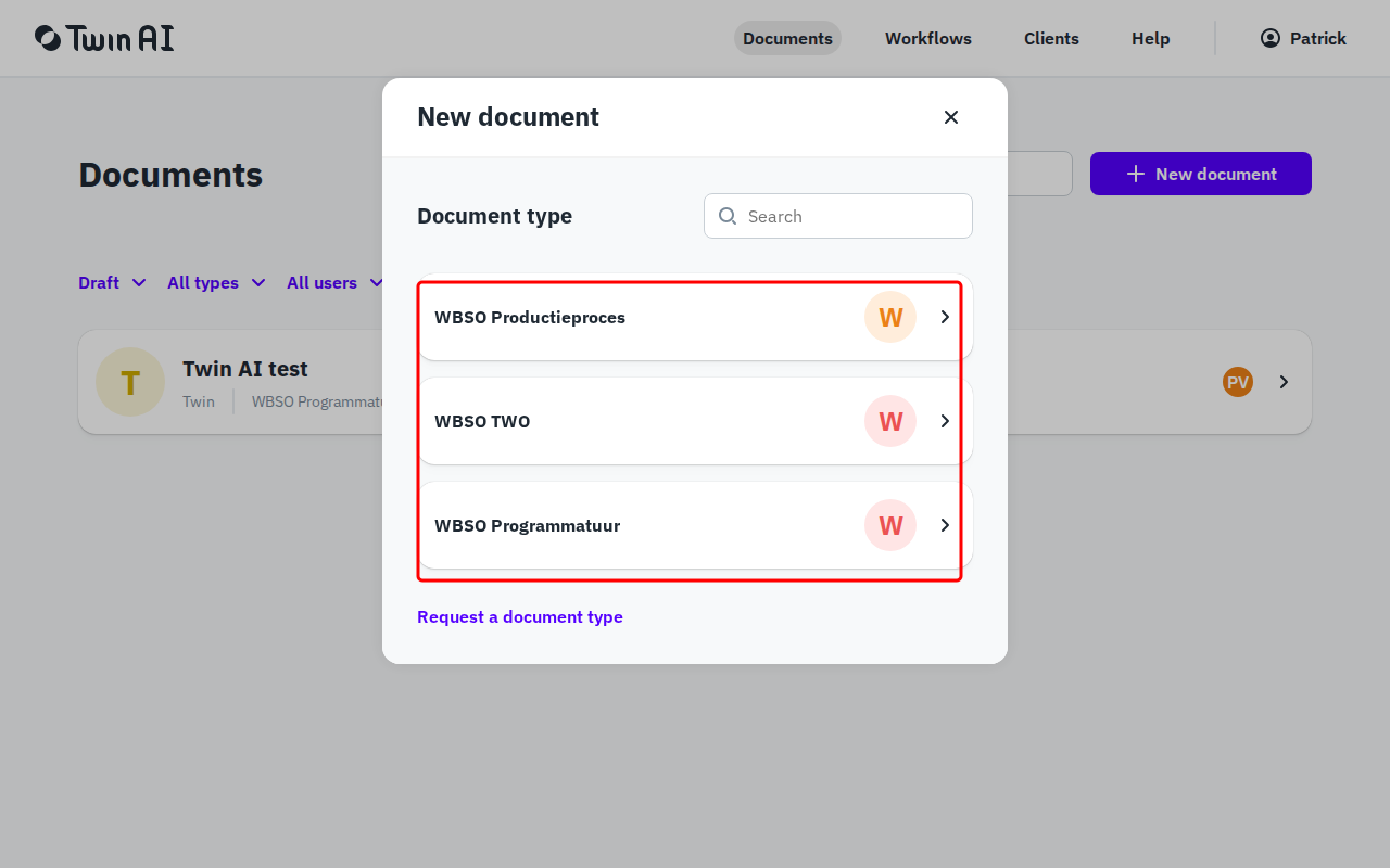 New document dialog showing available document types like WBSO Productieproces