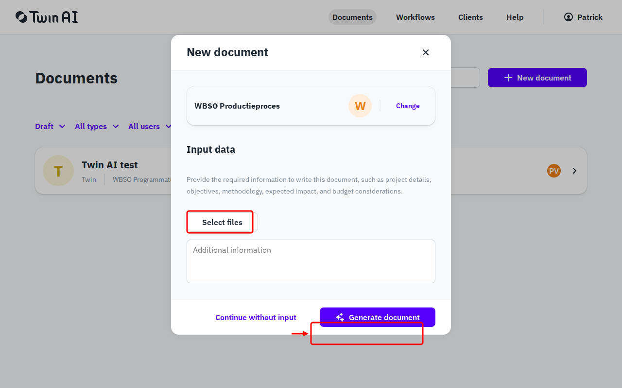 Input data step showing file upload and additional information fields