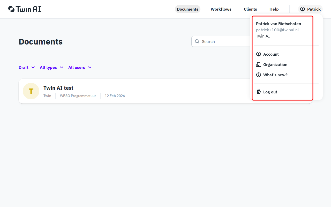 User menu with Log out option