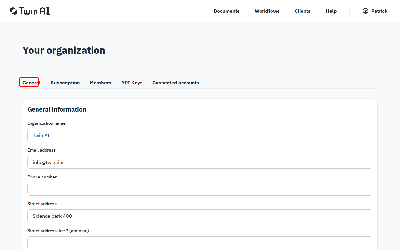 Organization settings — General tab with name, address, and contact fields