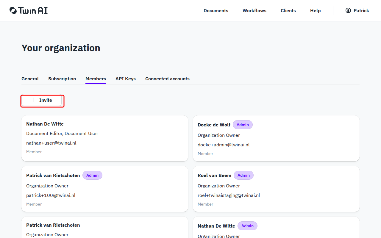 Members tab showing team members with roles and admin badges