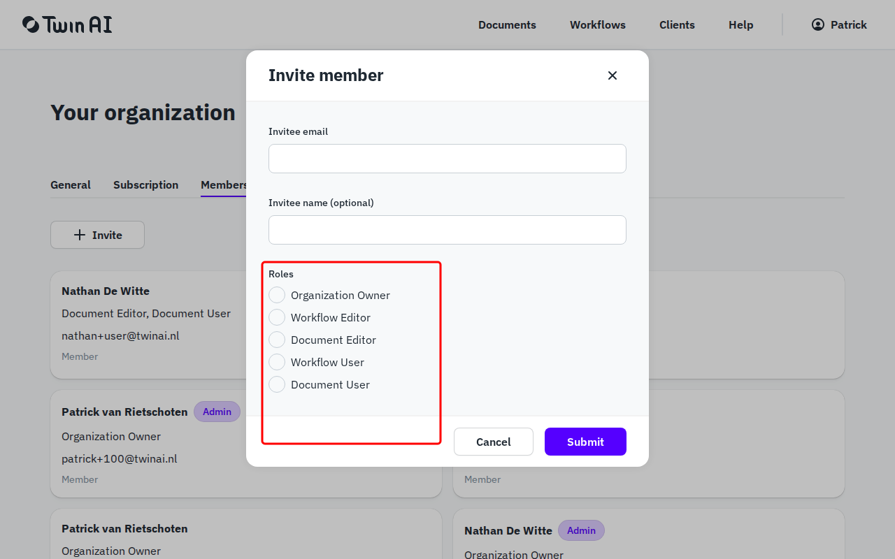 Invite member dialog with email, name, and role selection