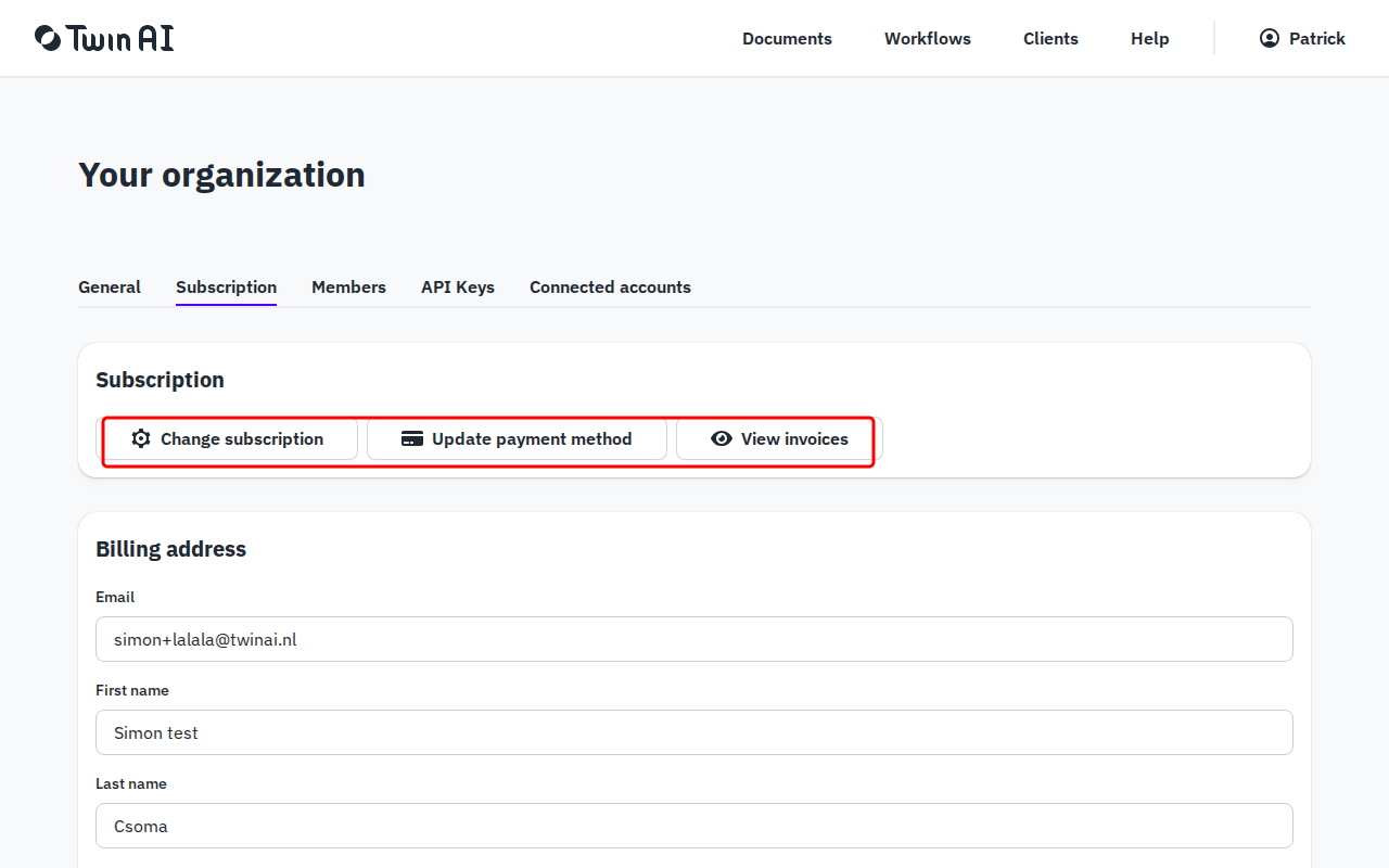 Subscription tab with Change subscription, Update payment method, and View invoices buttons