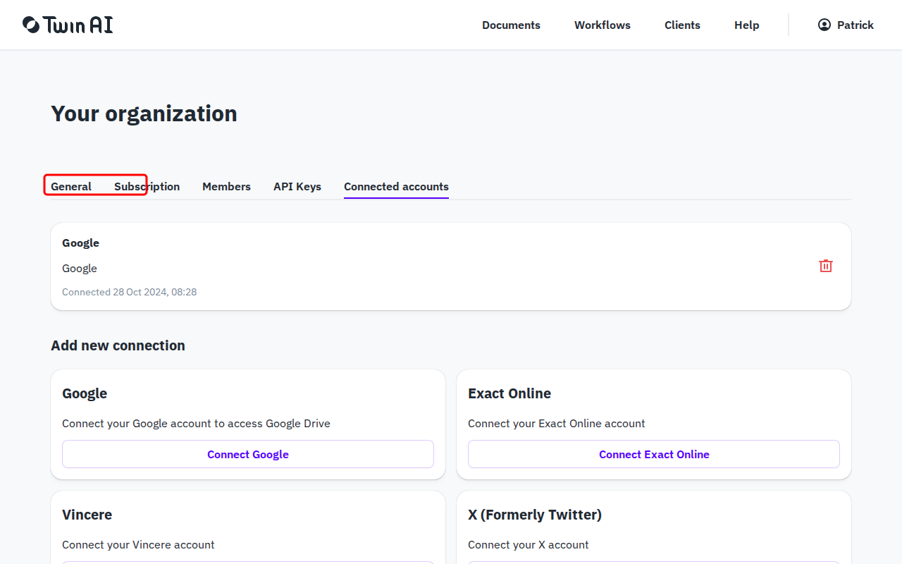 Connected accounts tab showing Google, Exact Online, Vincere, and X integrations