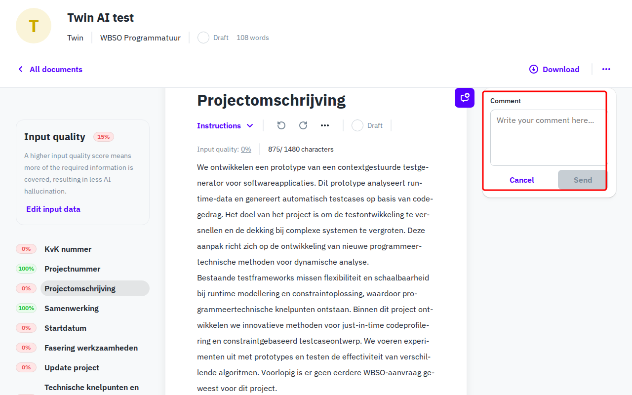 Comment panel with text area and Send button