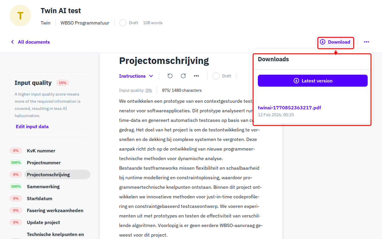 Downloads panel showing Latest version button and PDF download