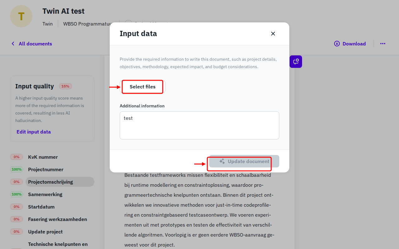 Input data dialog with file upload and additional information field