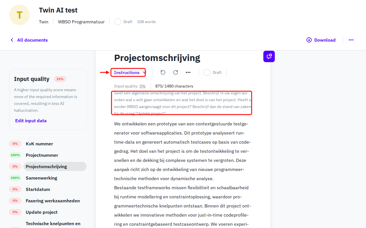 Document section showing title, instructions, toolbar, input quality, and generated content