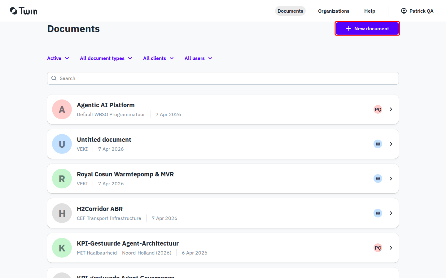 Documents overview showing the New document button