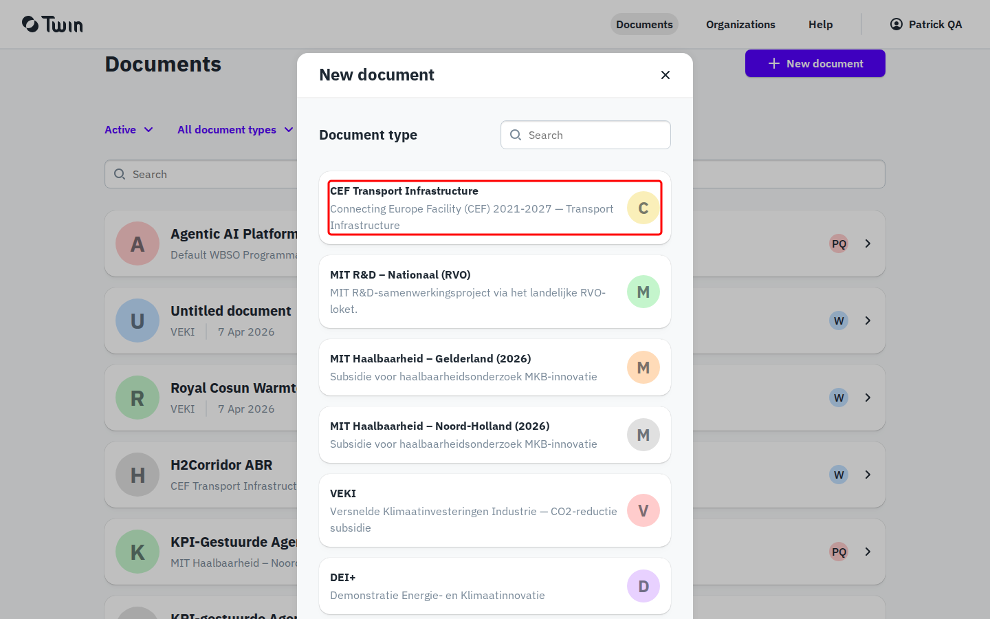 New document dialog with the first document type highlighted