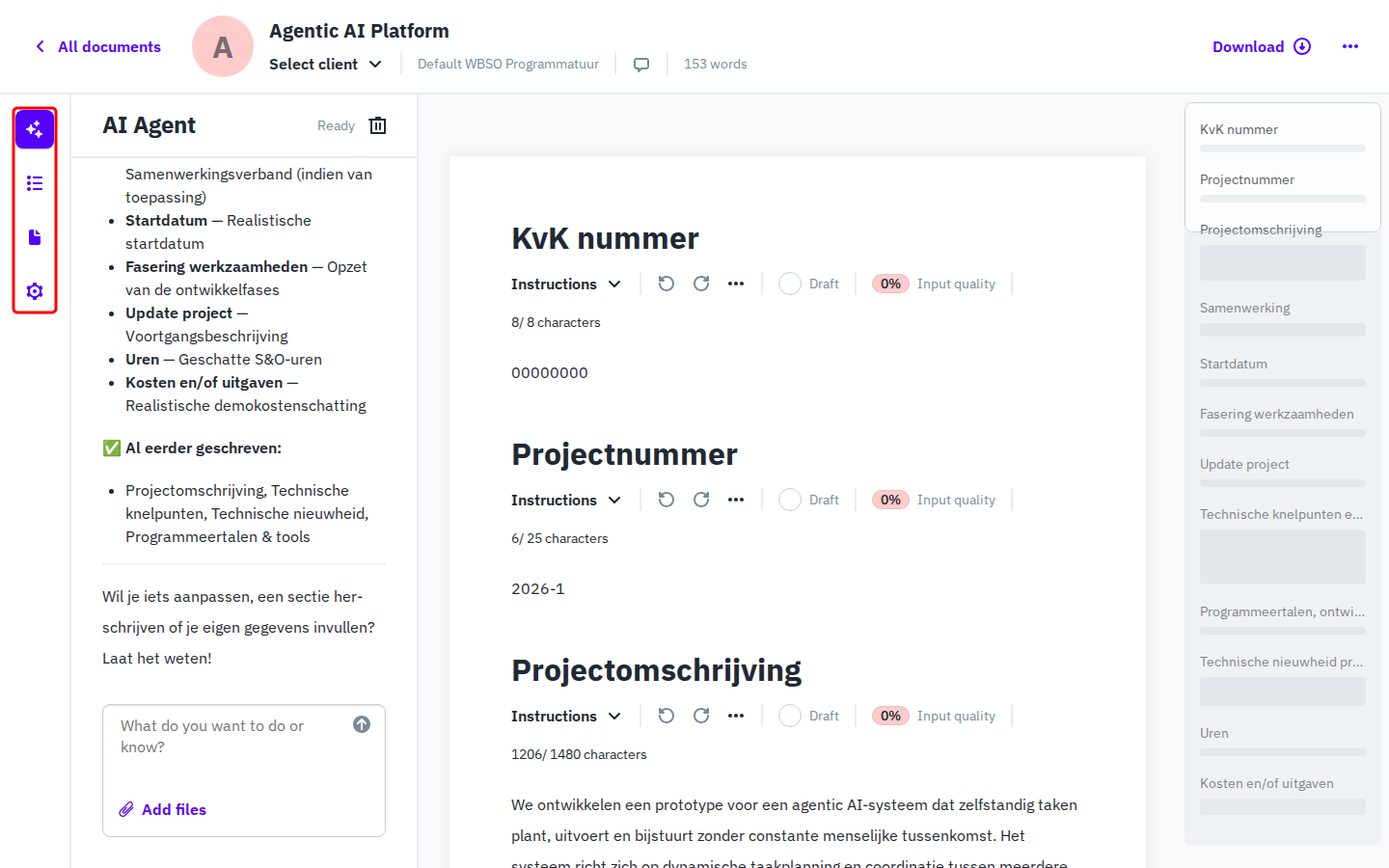 Document editor with AI Agent chat, sections, and minimap
